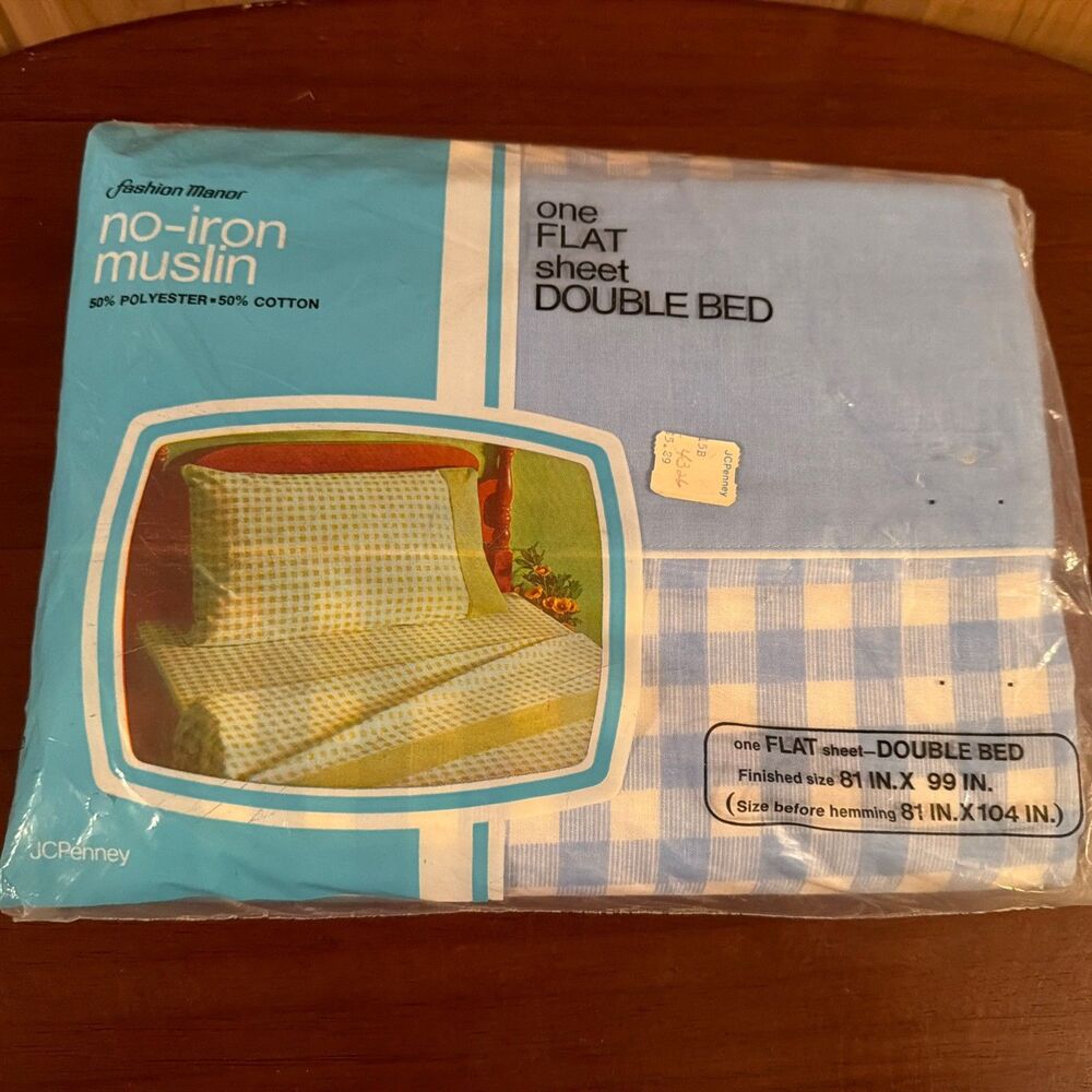 Vintage 1967 Sheet Double Bed Flat JC Penney Fashion Manor No Iron Muslin. Blue!